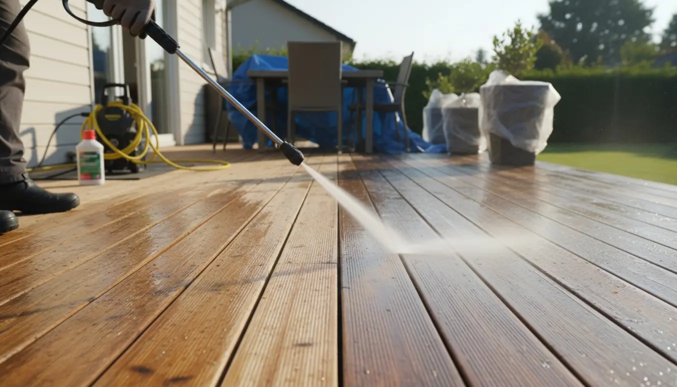 Højtryksspuling af en trykimprægneret træterrasse med tydelig før-og-efter-kontrast, kun hænder synlige.