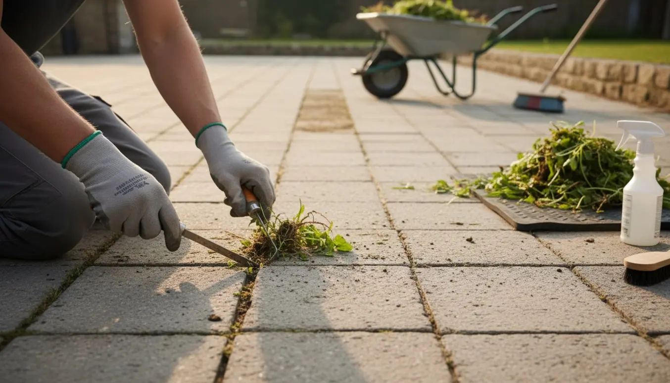Hænder fjerner ukrudt mellem fliser på en stor belægning med haveredskaber ved siden af.