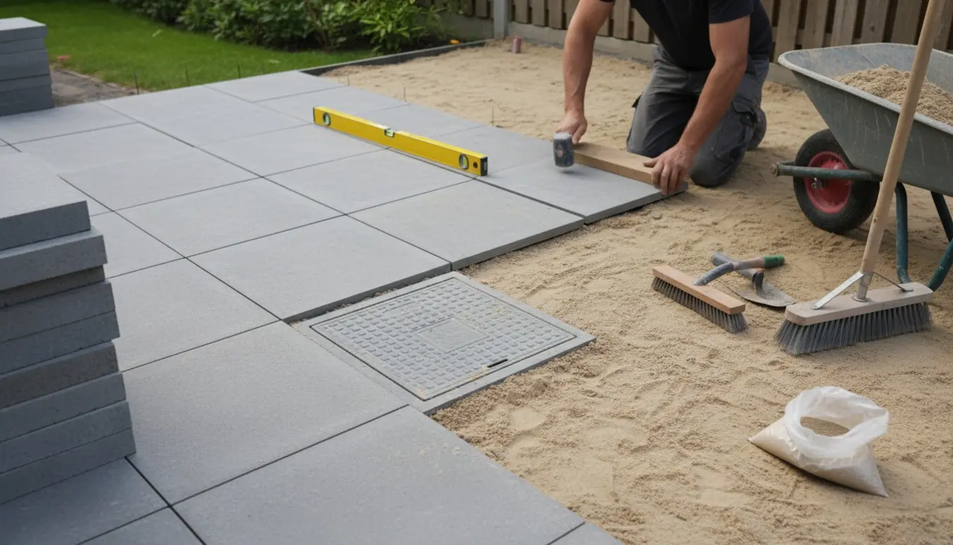 Delvist færdig terrasse med kvadratiske fliser, sand, værktøj og indbygget dæksel.