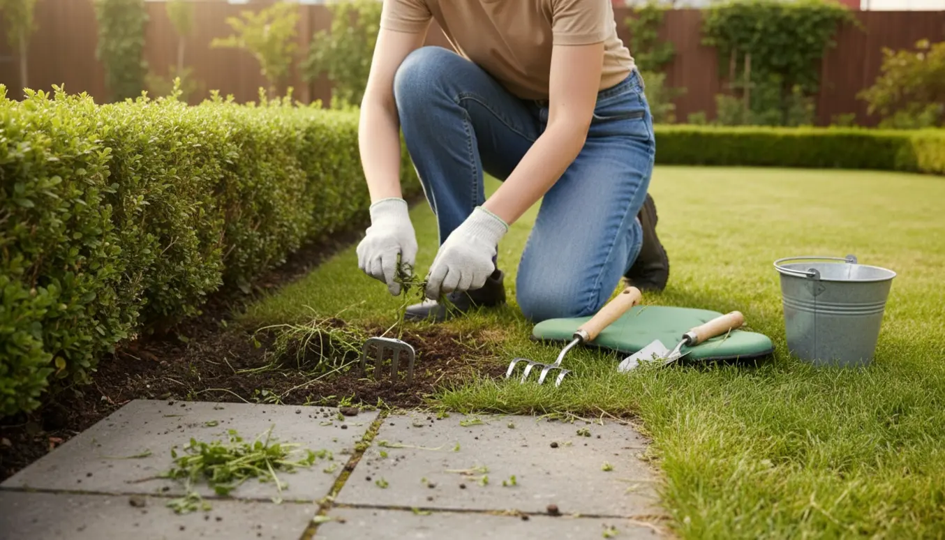 Hænder i handsker fjerner ukrudt mellem fliser, under en hæk og i græsplænen i en solrig have.