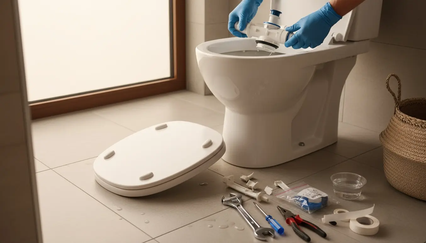 Håndværkerreparerer et toilet med åben cisterne og værktøj fremme i et lyst badeværelse.