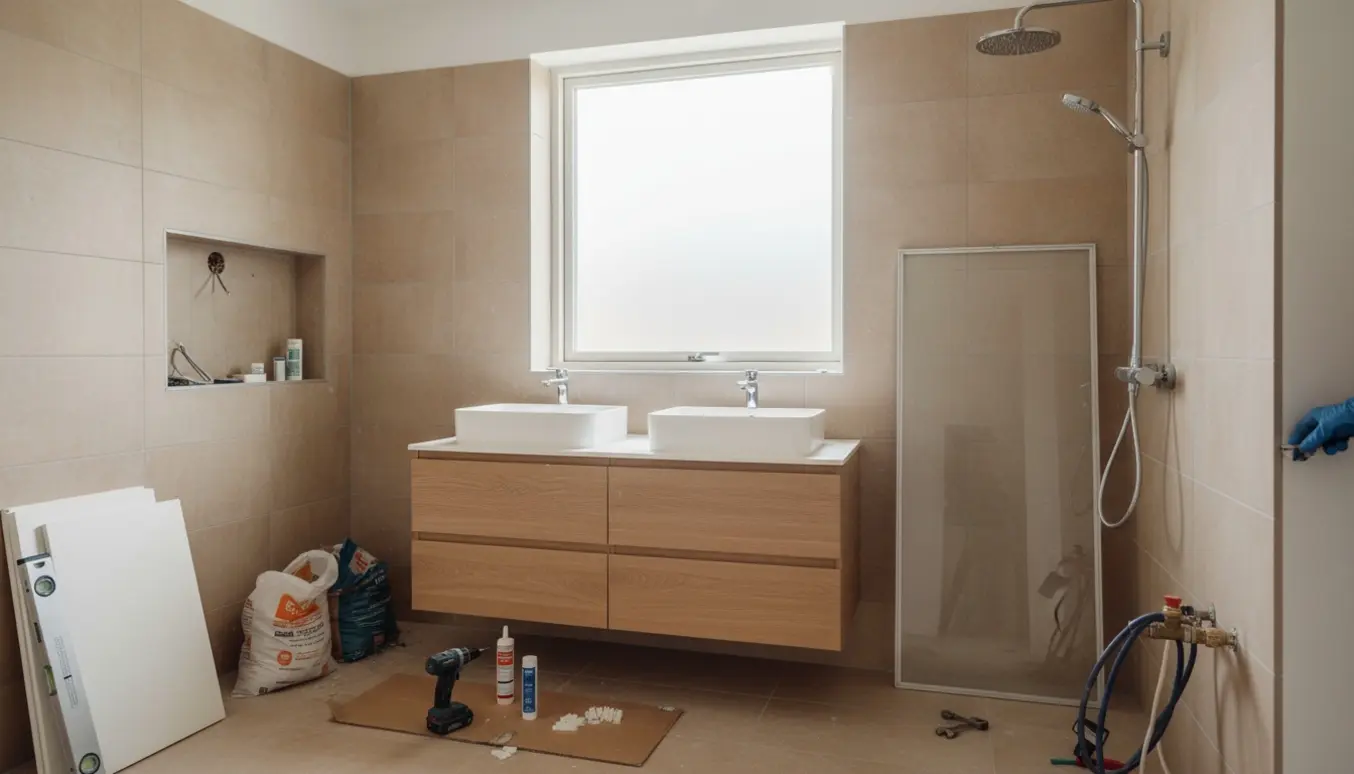 Delvist renoveret badeværelse med fjernet badekar, ny bruseniche og nyt badeværelsesmøbel med to håndvaske klar til montering.