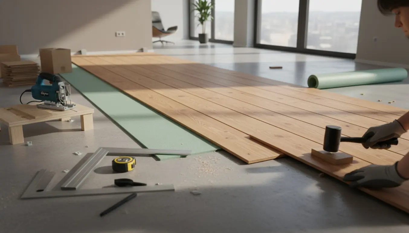 Nærbillede af gulvlægning i et lyst rum med træplanker, værktøj og underlag, hvor planker bliver lagt på plads.
