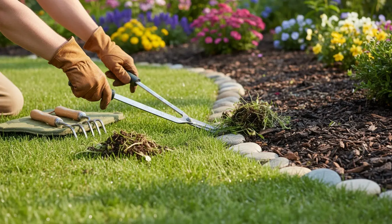 Nogen fjerner ukrudt og klipper kanten mellem græsplæne og blomsterbed.