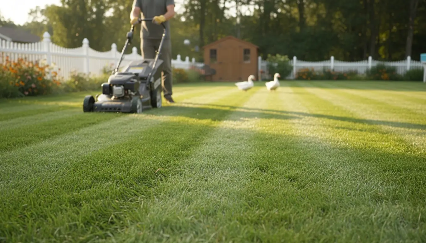 En rygvendt person slår græs på en velplejet sensommerplæne med tydelige klippestriber og et par gæs i kanten.