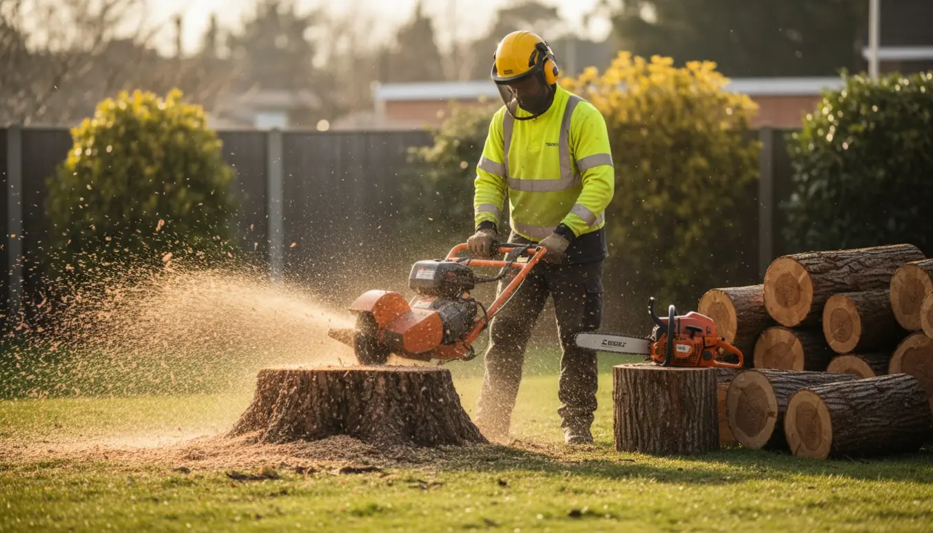 Fældet træ skåret i stykker og stubben fræset væk med en stubfræser, omgivet af savsmuld og brænde.