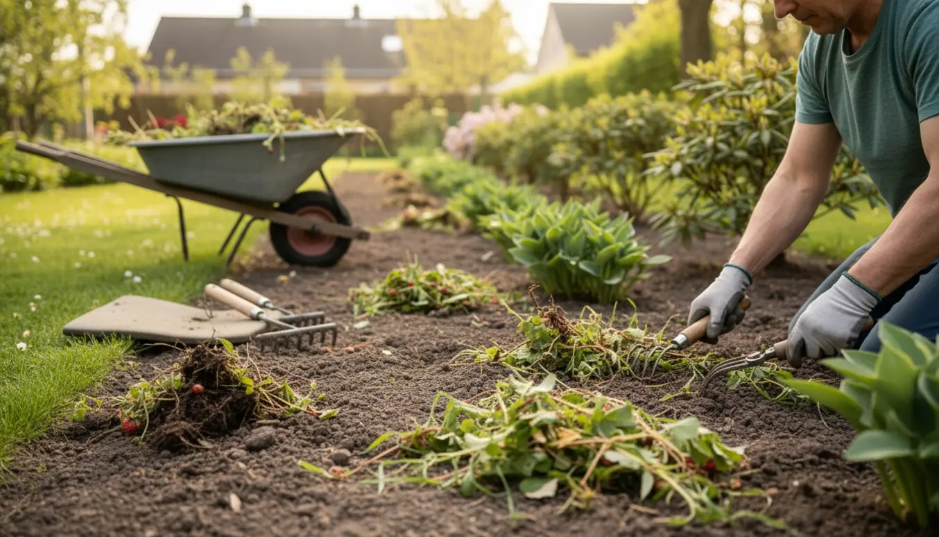 Langt, smalt bed hvor en gartner luger ukrudt med haveredskaber ved bevarede buske.