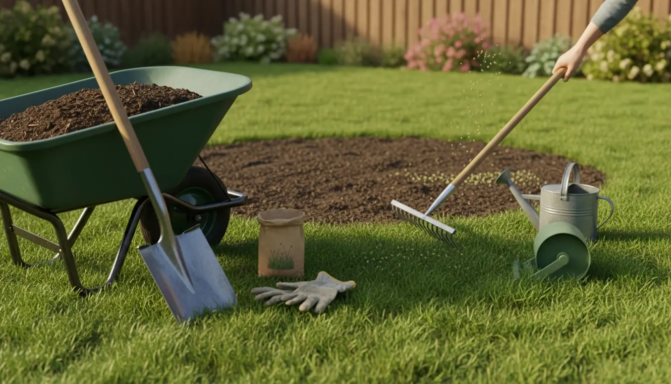 Topdække af muldjord og hænder, der såer græs på et tidligere trampolinområde i en solrig have.