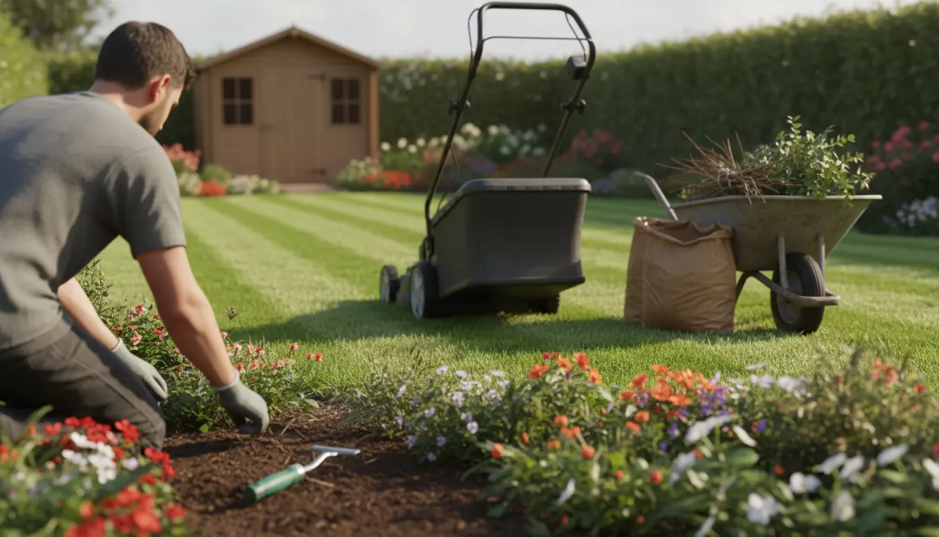 Nyslået græs med plæneklipper med opsamler, en person luger ukrudt mellem blomster og en trillebør med haveaffald.