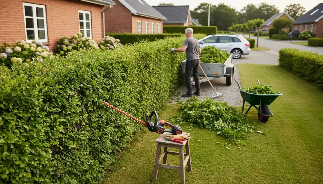 En person klipper en bøgehæk i en dansk have med afklip lagt i en trailer.