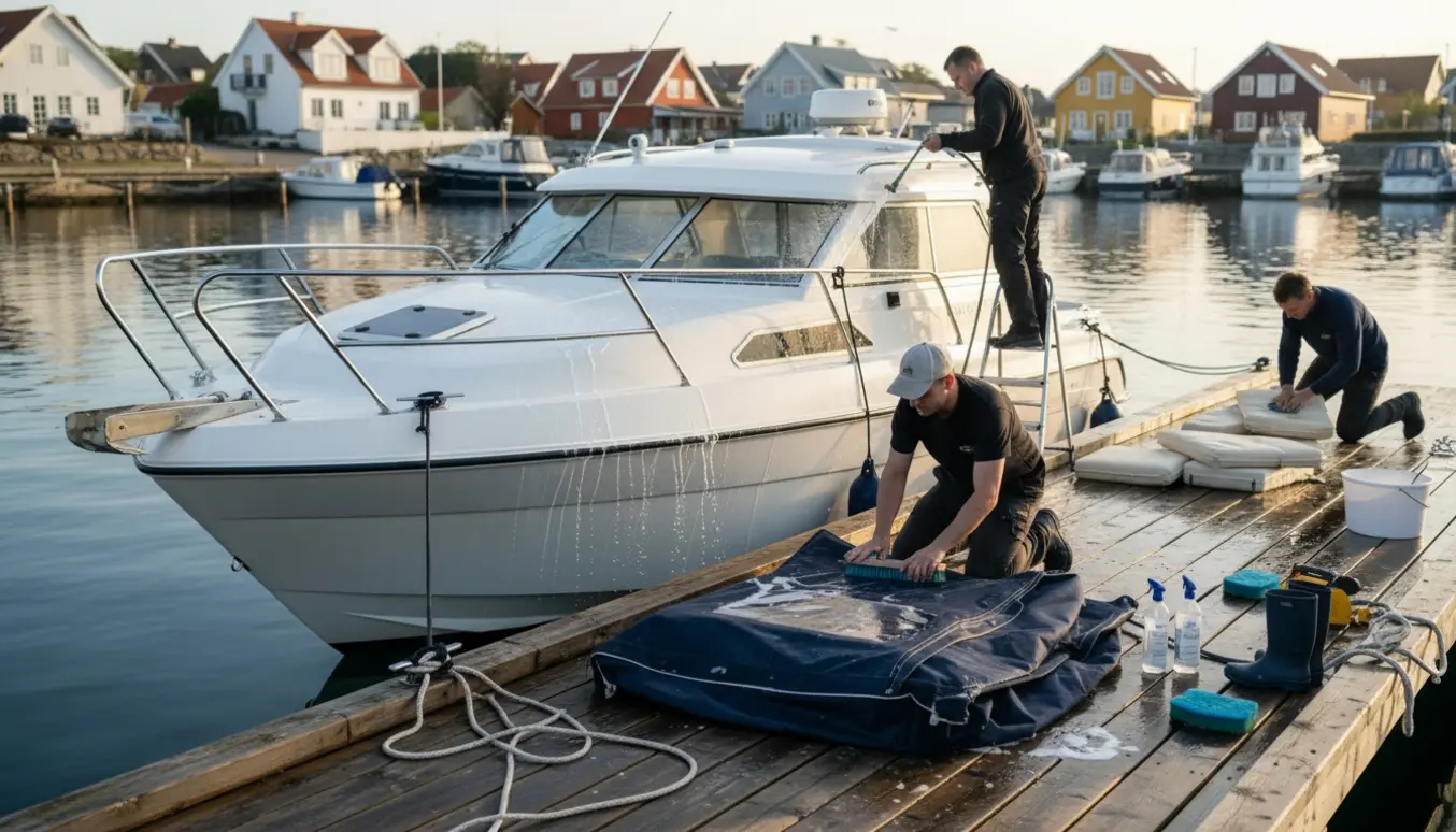 En 24 fods hvid motorbåd i Hornbæk Havn bliver vasket, og kalechen renses og imprægneres.