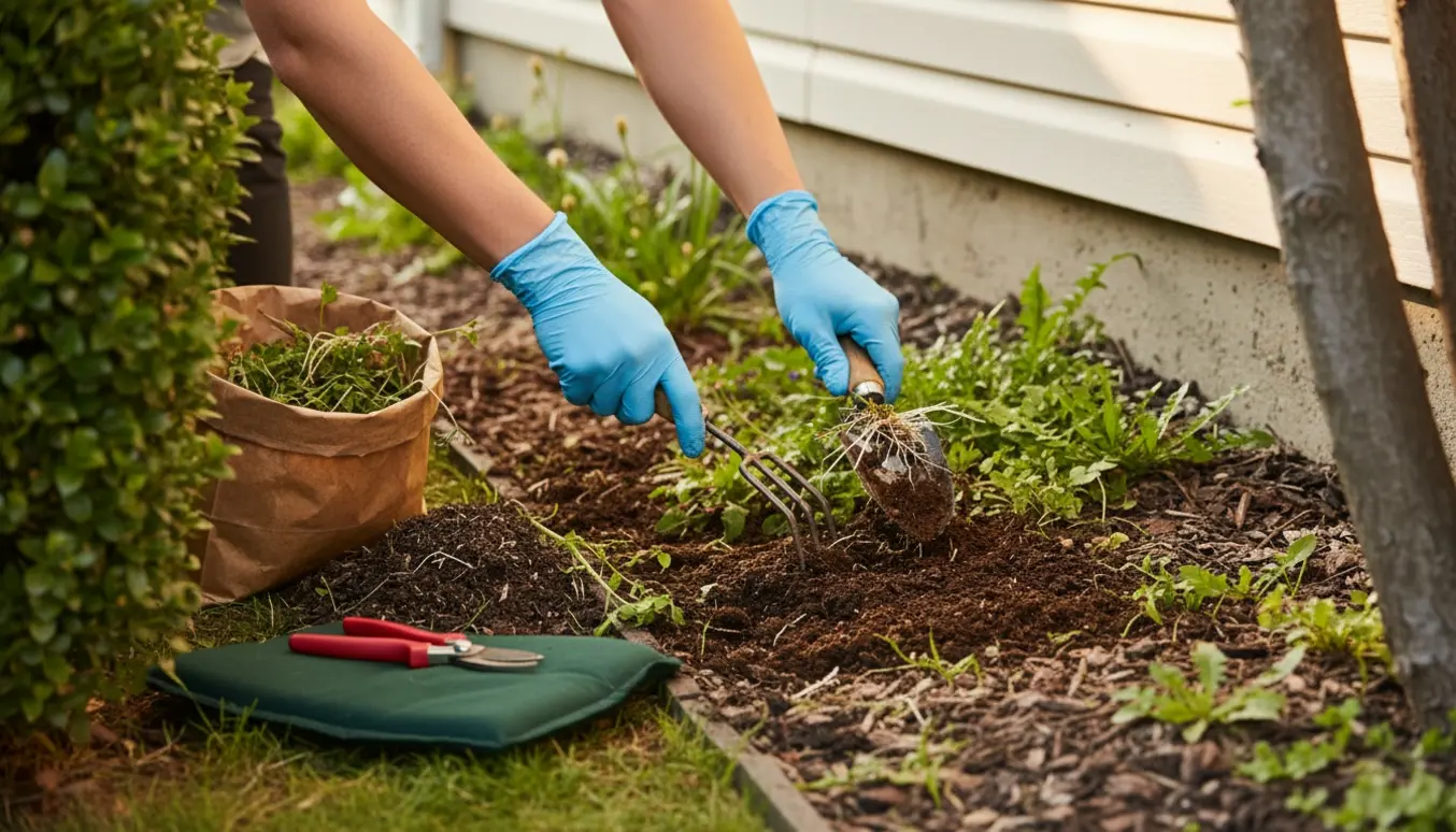 Nærbillede af hænder, der fjerner ukrudt i et smalt bed mellem hæk og hus.