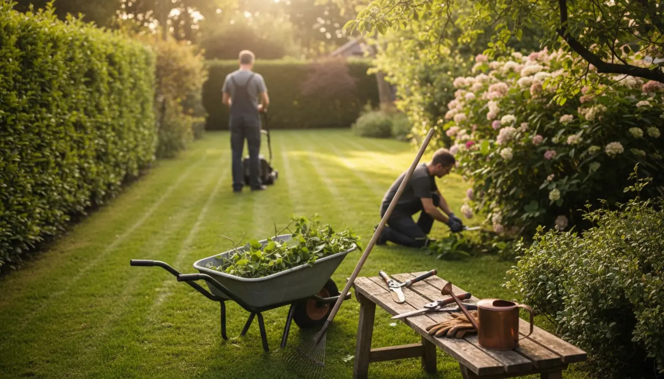 En person vedligeholder en have set bagfra med nyslået græs, nyskårede hække og haveredskaber.