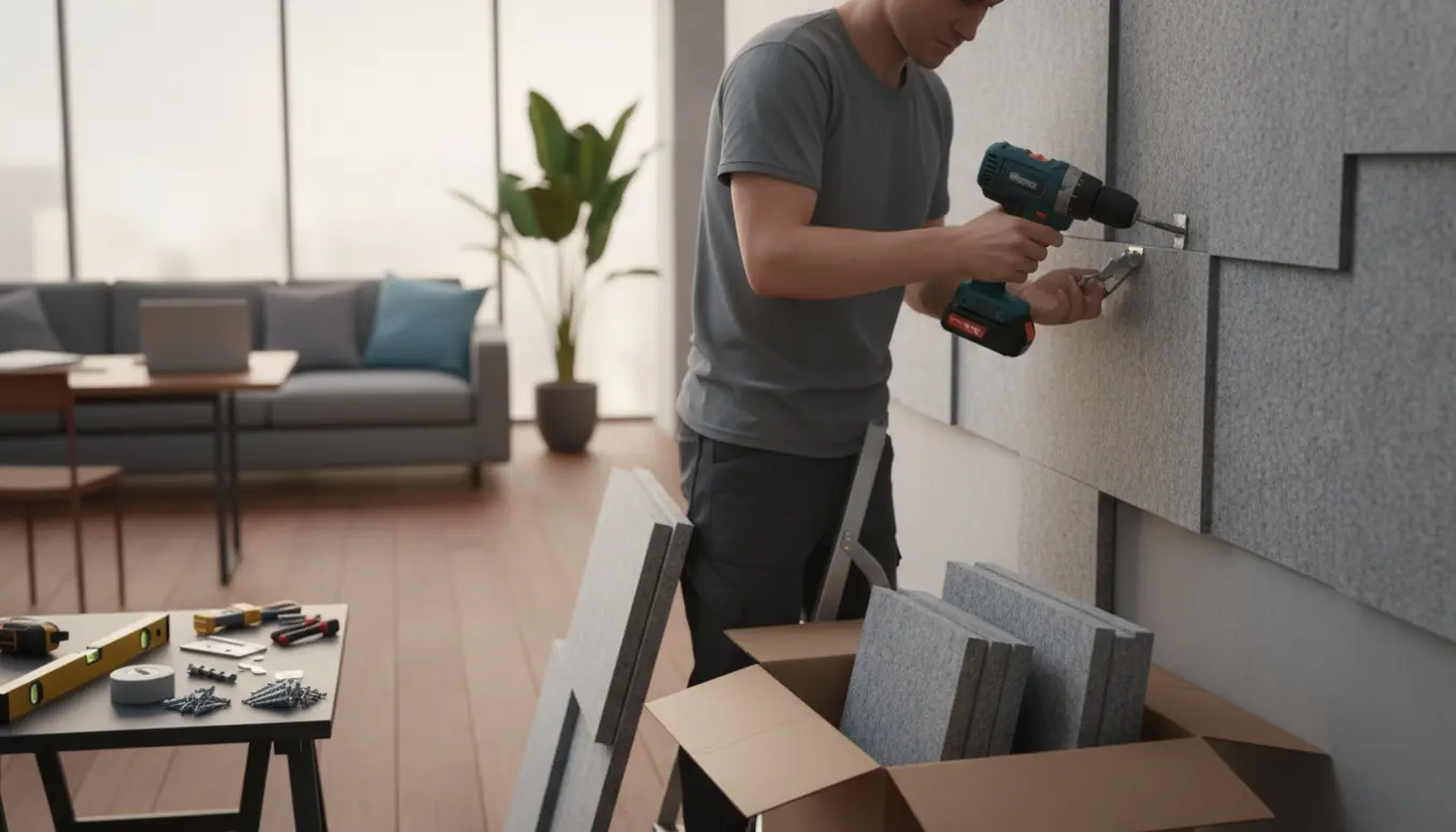 Montering af stofbeklædte akustikplader i en moderne lounge/kontor, med værktøj og monteringsdele i forgrunden.