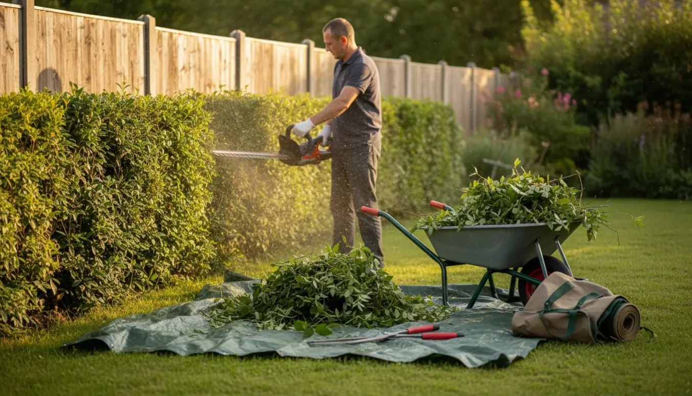 En hæk klippes i slutningen af juni med hækkeklipper og afklip samlet på en trillebør klar til fjernelse.