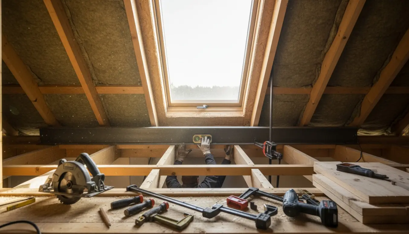 Montering af nyt stort ovenlysvindue over en trappe med midlertidig afstivning og en ny udveksling.