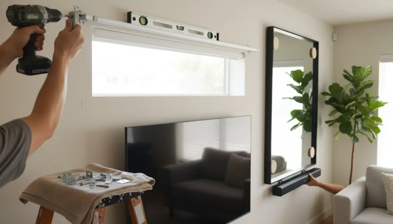 Nærbillede af hænder, der monterer en gardinskinne, placerer et spejl og justerer en soundbar i en lys stue.