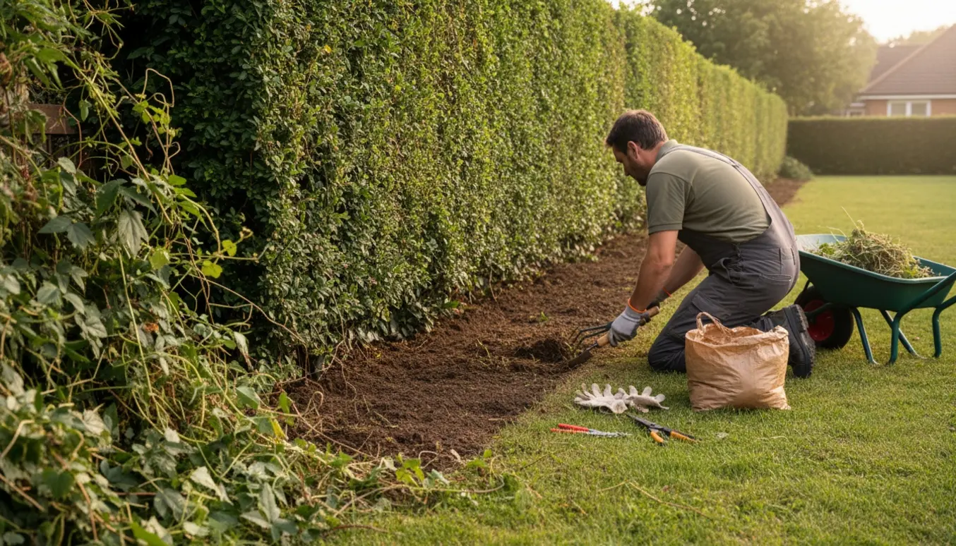 En havehjælper knæler og luger langs en hæk, med en trillebør fyldt med ukrudt og værktøj ved siden af.