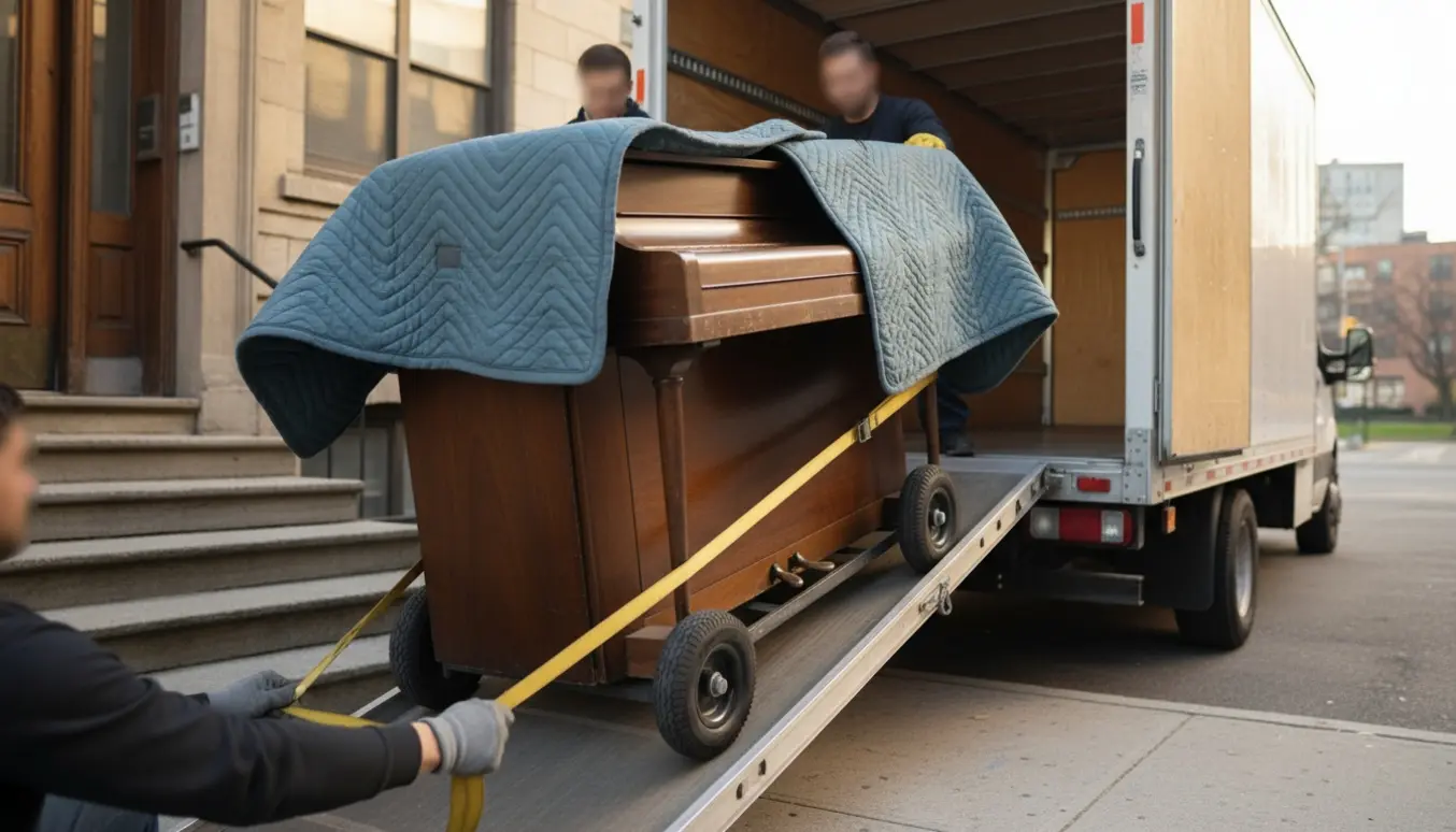 Et lille klaver løftes forsigtigt på dolly og sikres med flyttestropper ved en åben flyttebil.