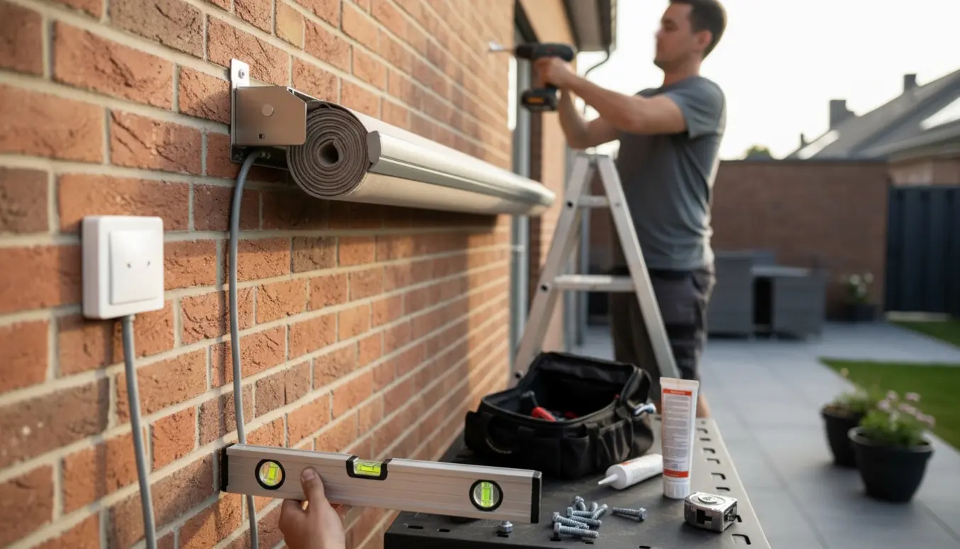 Montage af elektrisk markise på en murstensvæg med værktøj og kabelføring.