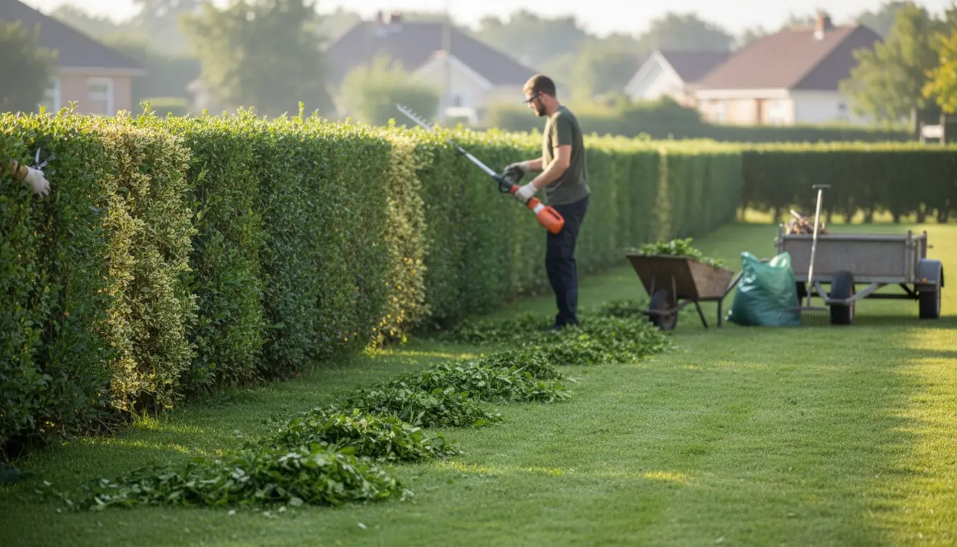 En person klipper en 1,8 m ligusterhæk og samler afklip i en trillebør i en forstadshave.