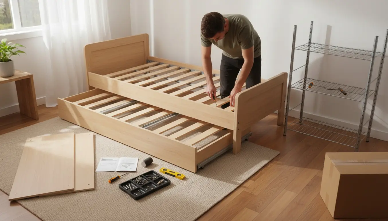 Hænder samler en enkeltseng med udtræk i et lyst værelse med manual og værktøj på gulvet.