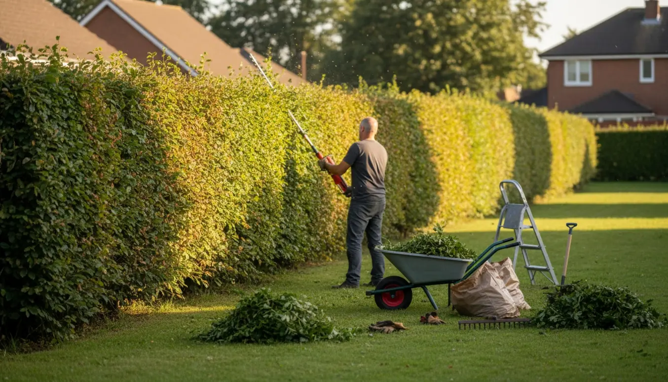 Lang bøgehæk klippes på toppen og fra én side med en trimmer, trillebør og bunker af hækafklip ved siden af.