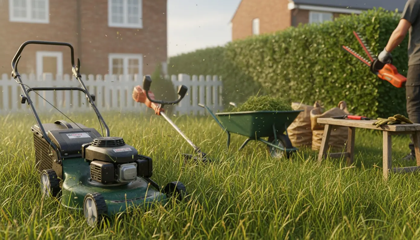 Langt græs bliver slået med plæneklipper og hækken trimmeres fra indersiden, med grønt affald i en trillebør.