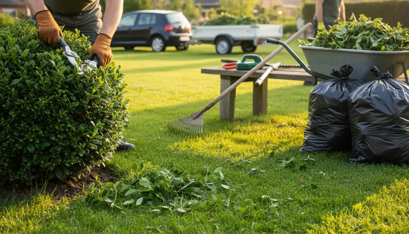 Hænder i havehandsker klipper en busk med afklip i trillebør og fyldte plastposer i haven.