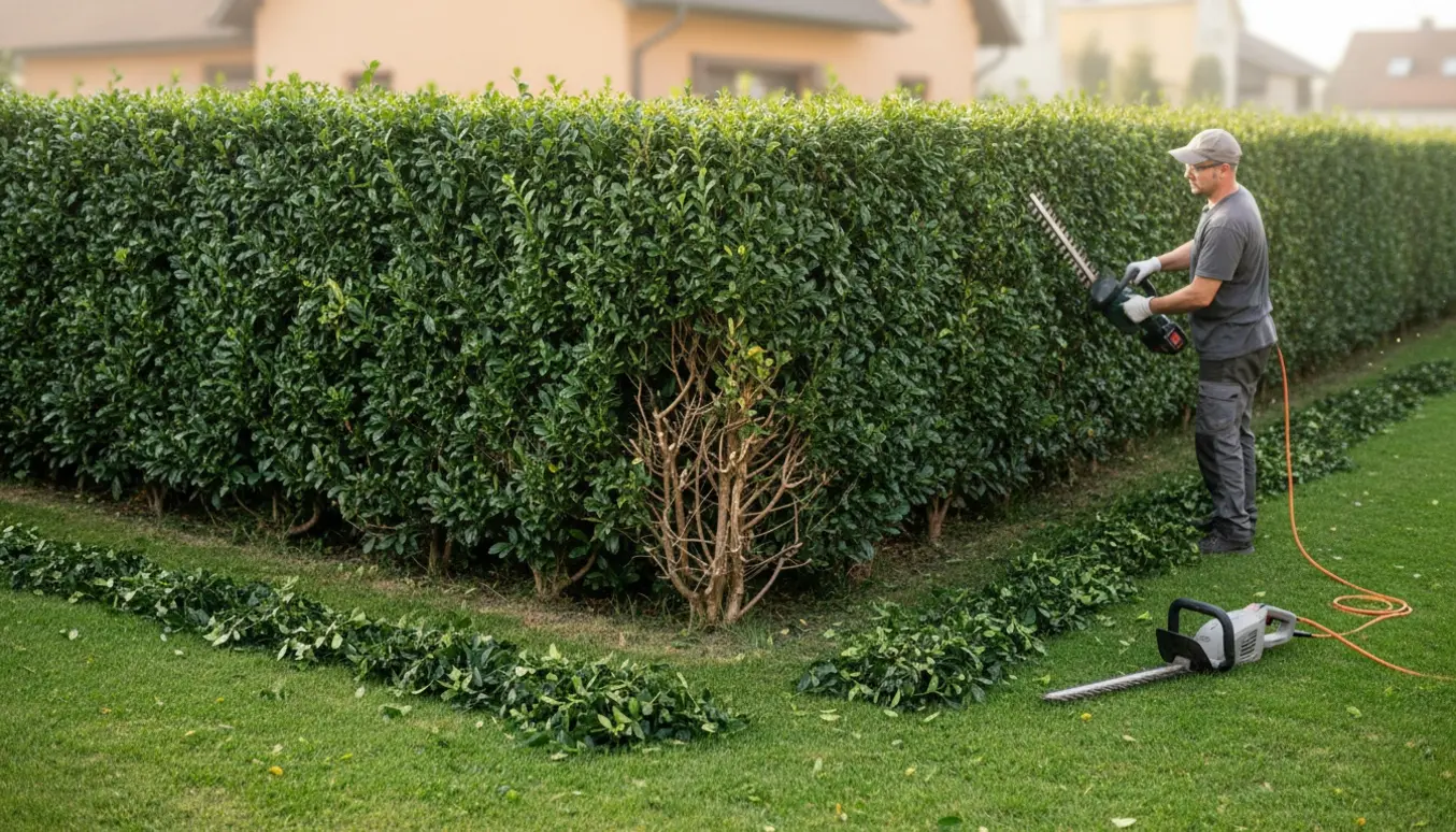 Håndværker klipper en ligusterhæk på en hjørnegrund med trimmere og friske hækafklip på græsset.