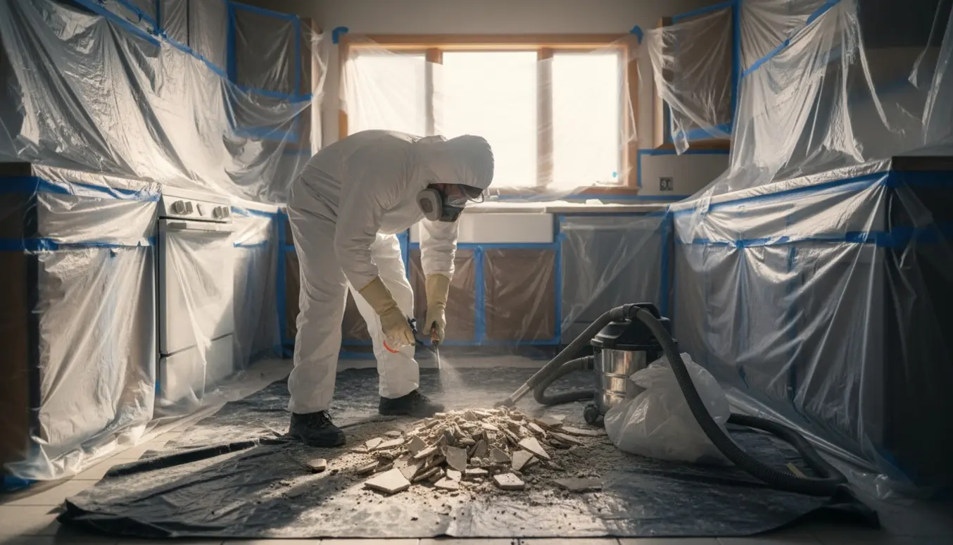 En person i beskyttelsesdragt fjerner køkkentegl og sikrer asbestaffald med plastafskærmning og HEPA-støvsuger.