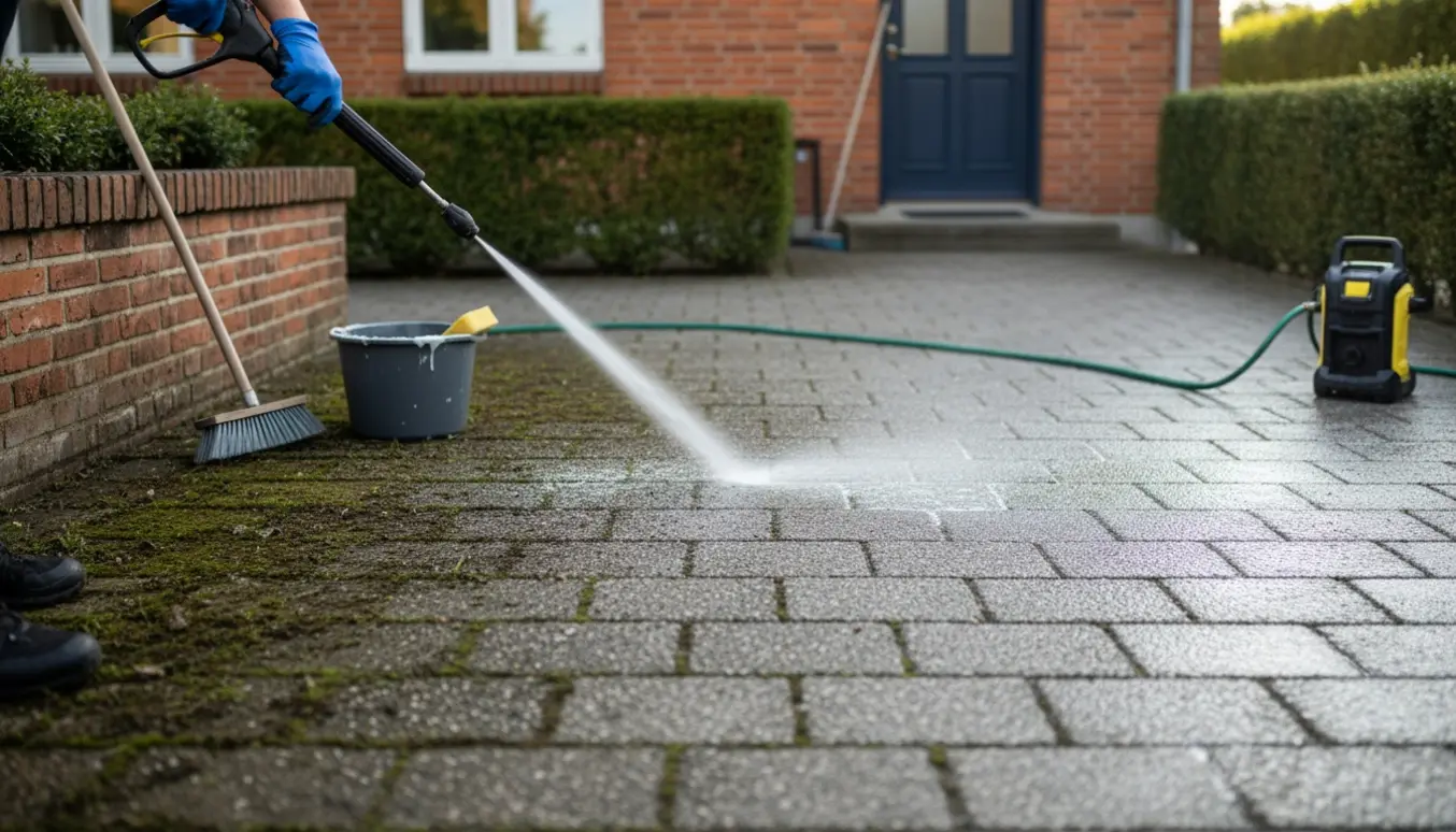 Nærbillede af fliserensning i en dansk forhave med trykrensning, vådt skum og tydelig forskel mellem rene og snavsede fliser.