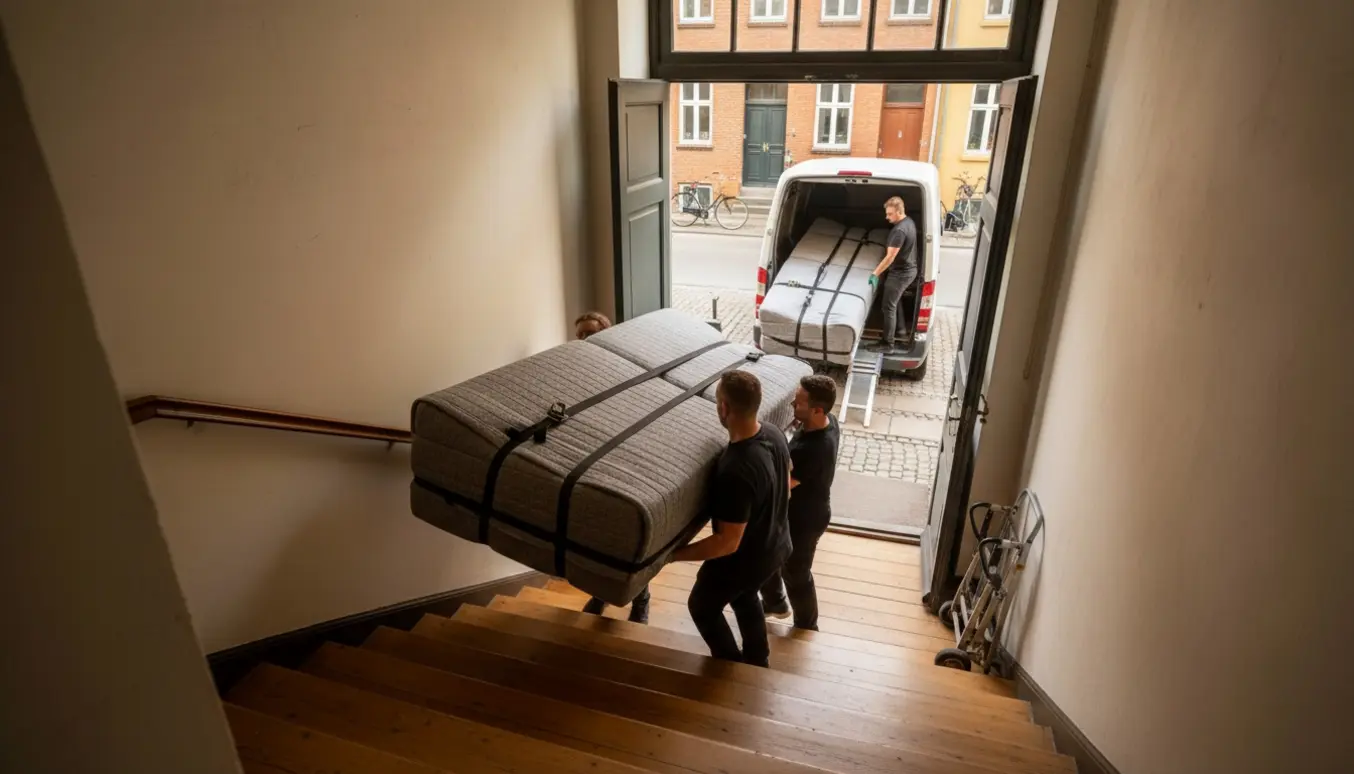 Flyttefolk bærer en todelt sofa ned ad en trappe og læsser den ind i en varevogn på en københavnsk gade.