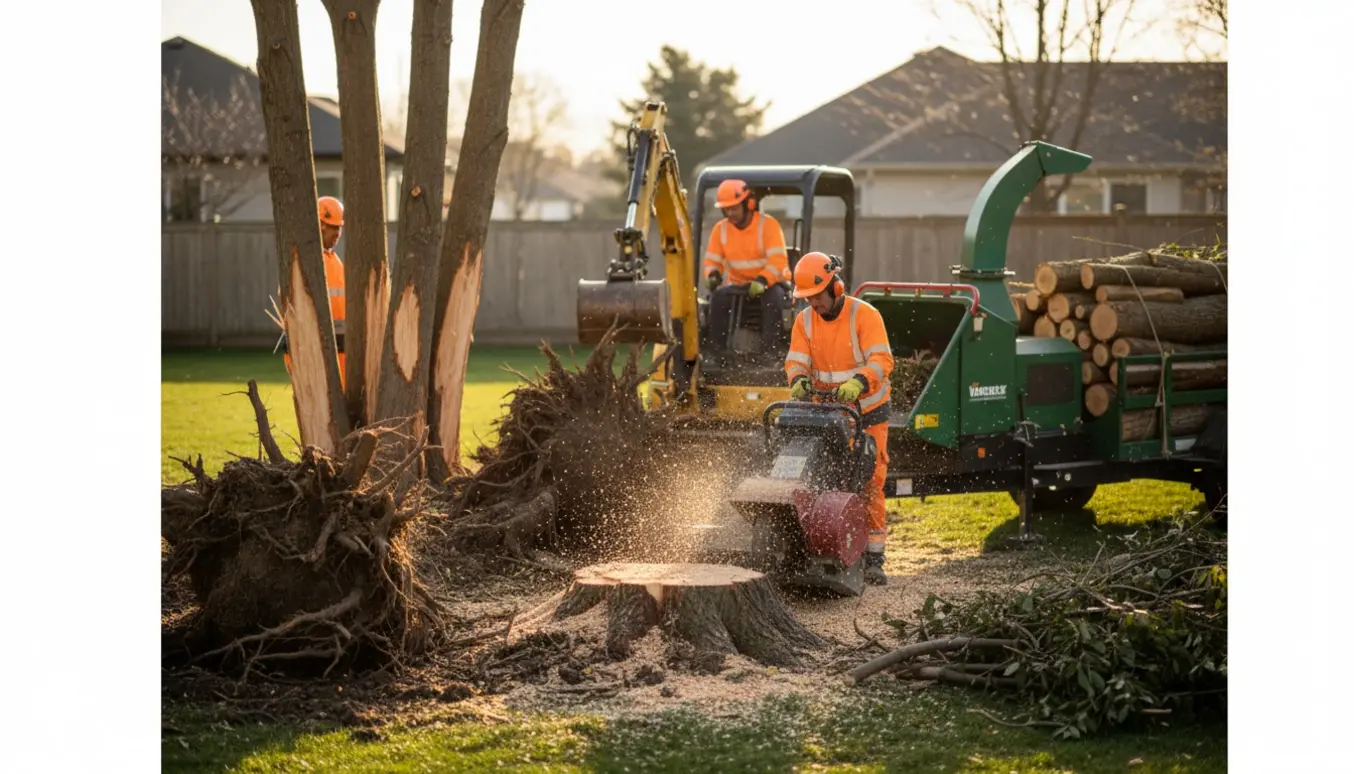 Rodfræsning af tre fældede træer med maskine, flis og stabler af træ klar til bortkørsel.