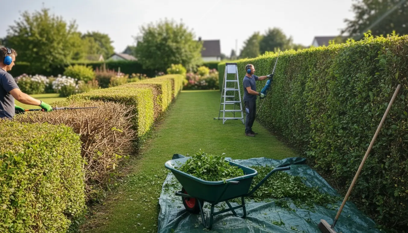 To lange hække toppes i solen, den ene sænkes i højde, med hækkeklipper, stige og opsamlede afklip i forgrunden.