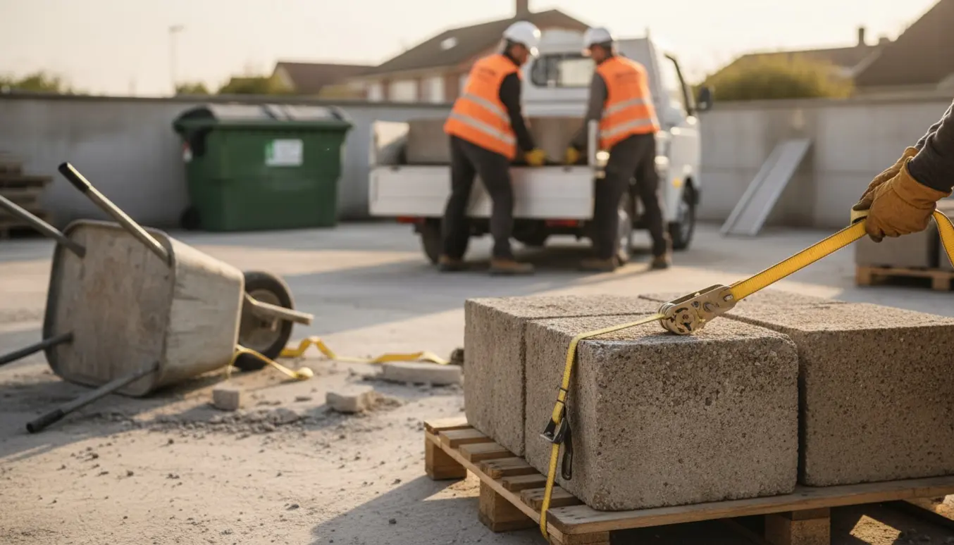 Arbejdere læsser betonblokke på en ladbil til afhentning og bortskaffelse.