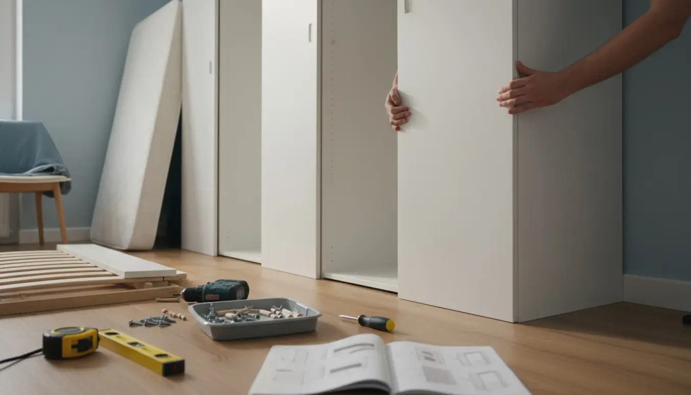 Hænder samler et højt hvidt fladpakket garderobeskab i et soveværelse, med værktøj og en seng proppet til side for at skabe plads.