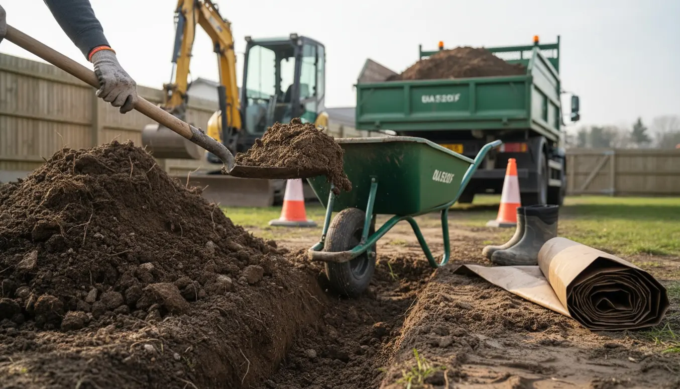 Arbejdshænder læsser nygravet jord i en trillebør ved en udgravning, klar til bortskaffelse.