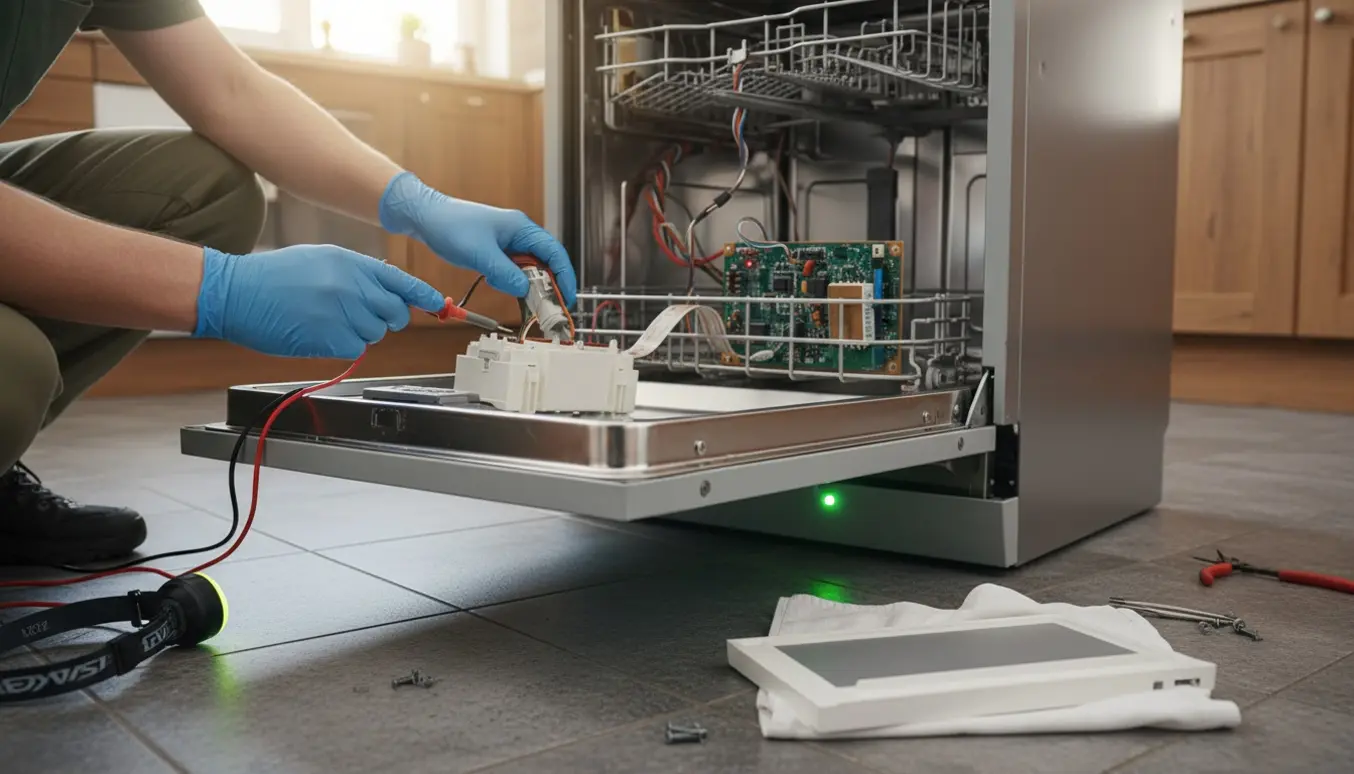 En tekniker undersøger en åben opvaskemaskine trukket ud i køkkenet med værktøj og eksponerede kredsløb.