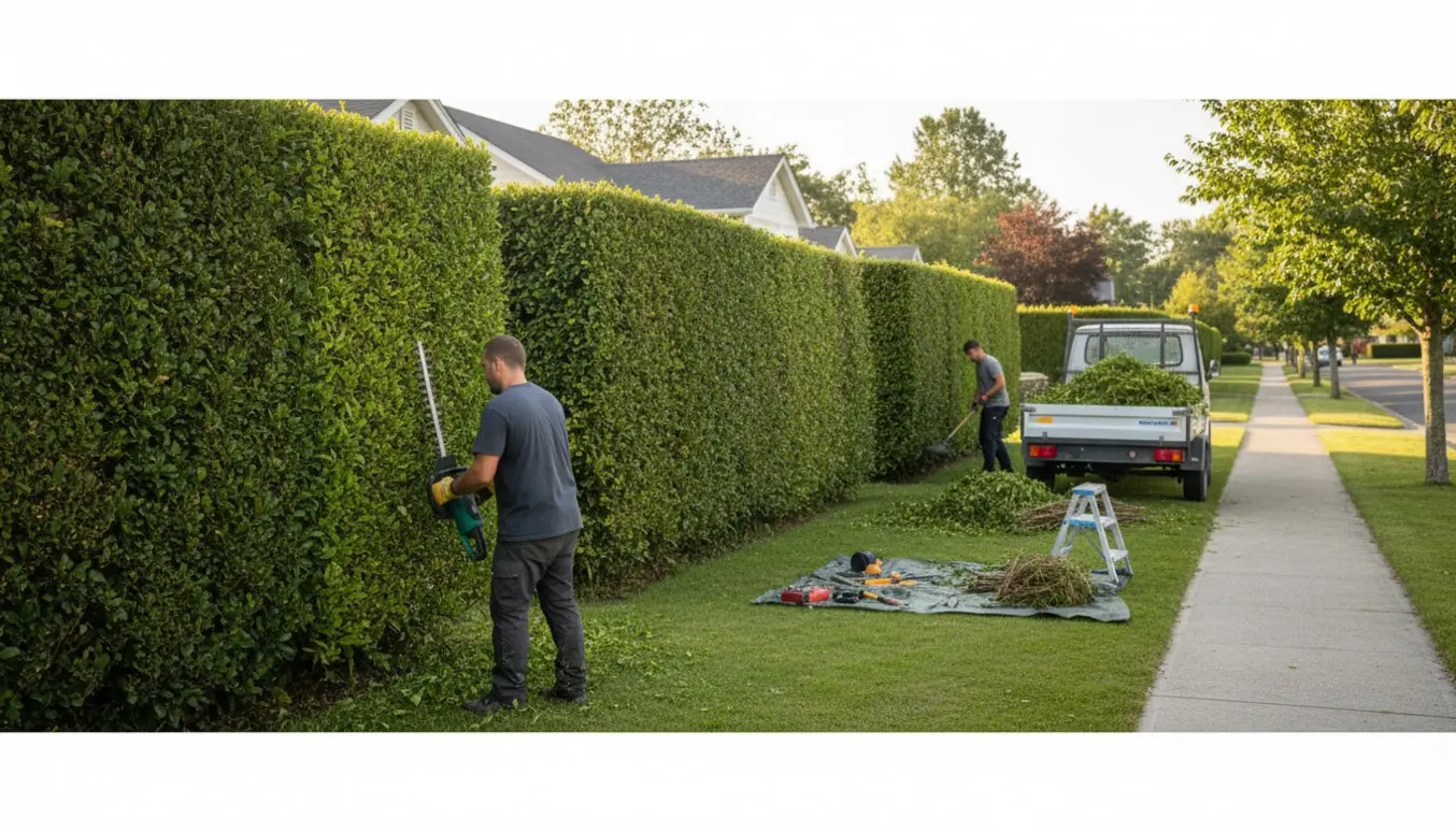 En håndværker klipper en 2 m høj hæk langs fortovet, mens afklip samles i en trailer med høje sider.