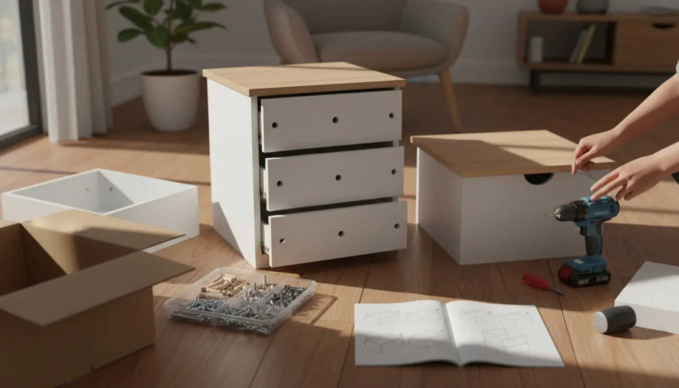Hænder samler en hvid tre-skuffers kommode med værktøj og dele spredt i et lyst rum.