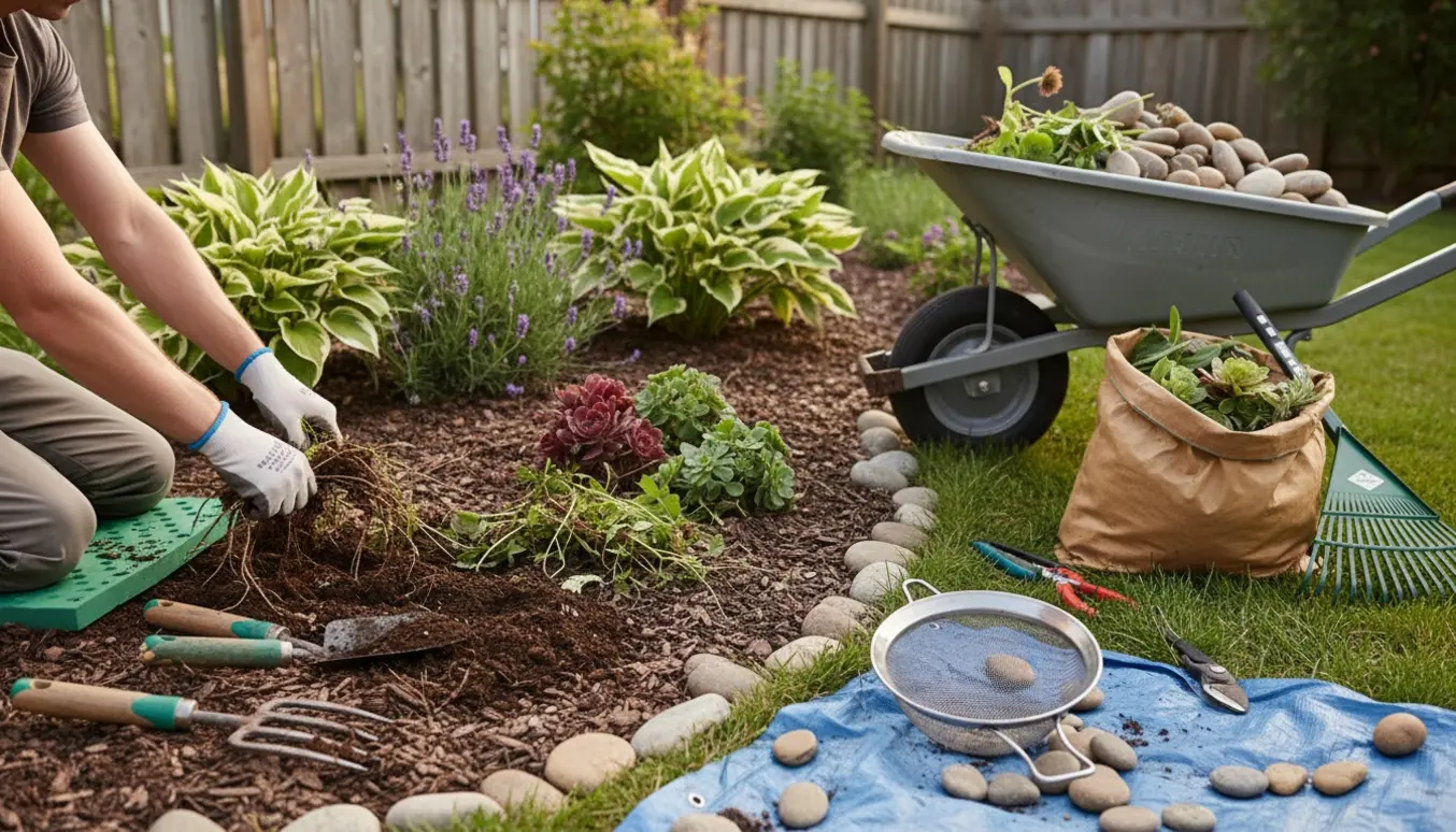 Person rydder et 3×4 m blomsterbed for ukrudt og småsten med haveredskaber.