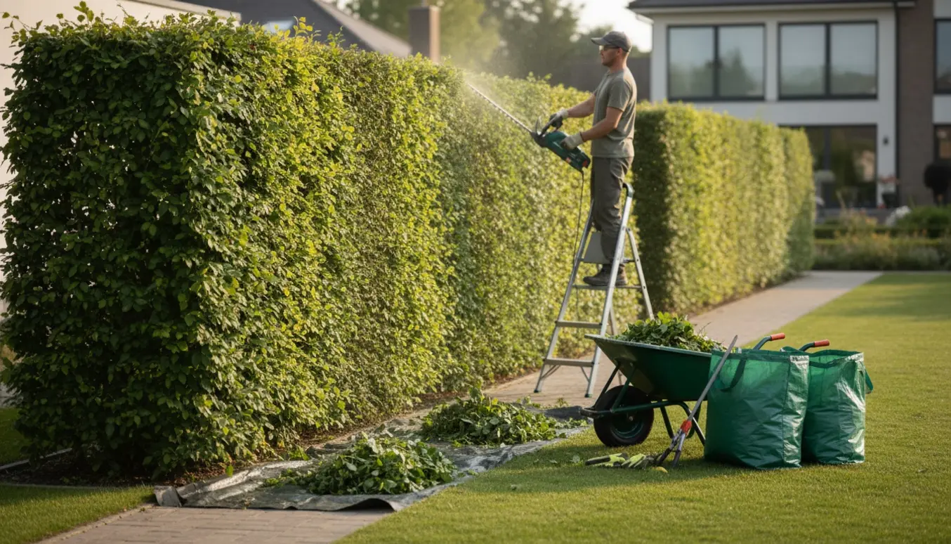 Bagfra ses en gartner klippe en lang bøgehæk og samle afklippet i en trillebør.