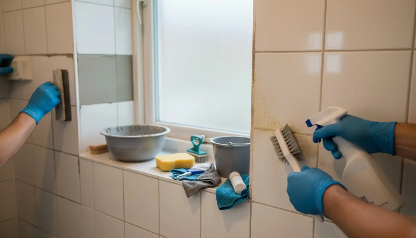 Nærbillede af handsker, der fjerner kalk og påfører ny fuge i et lille badeværelse.