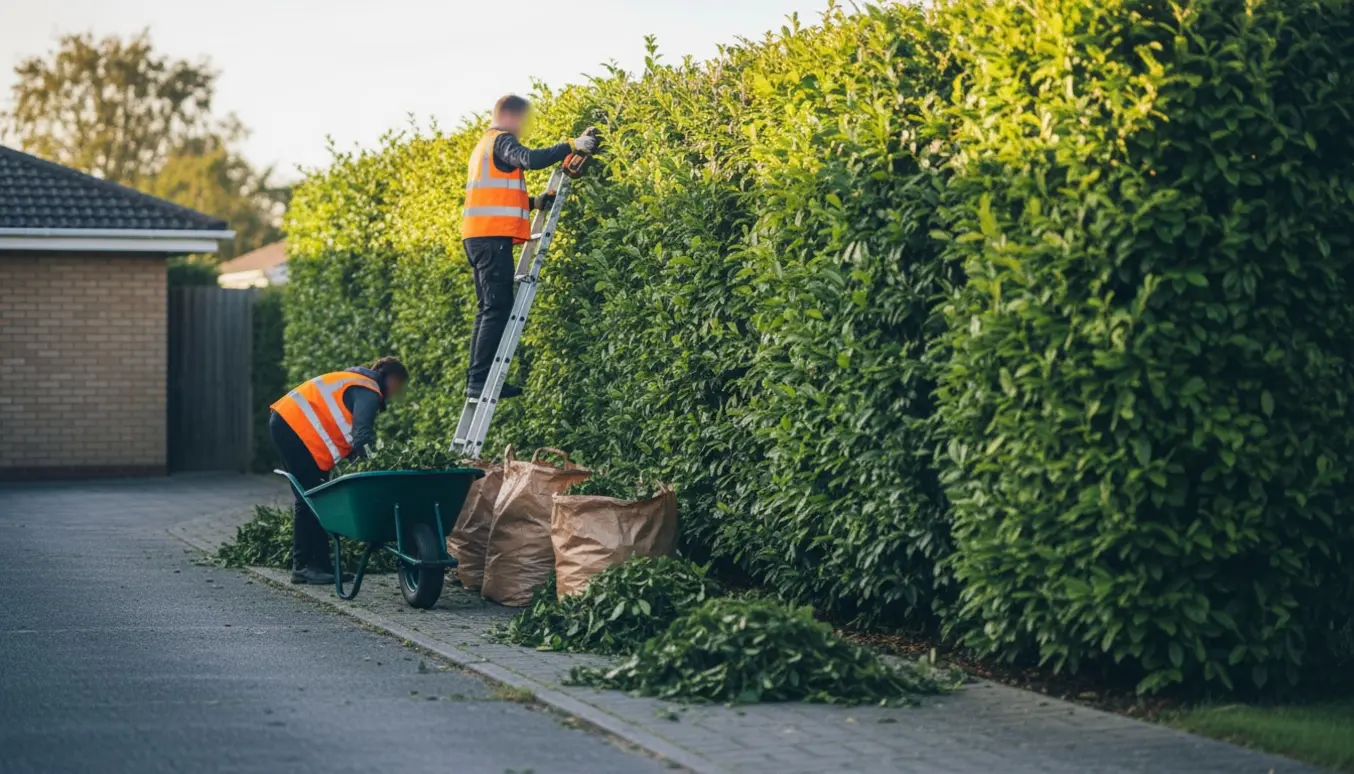 Håndværker klipper en 2,2 m høj hæk i et villakvarter, mens afklip samles i en trillebør.