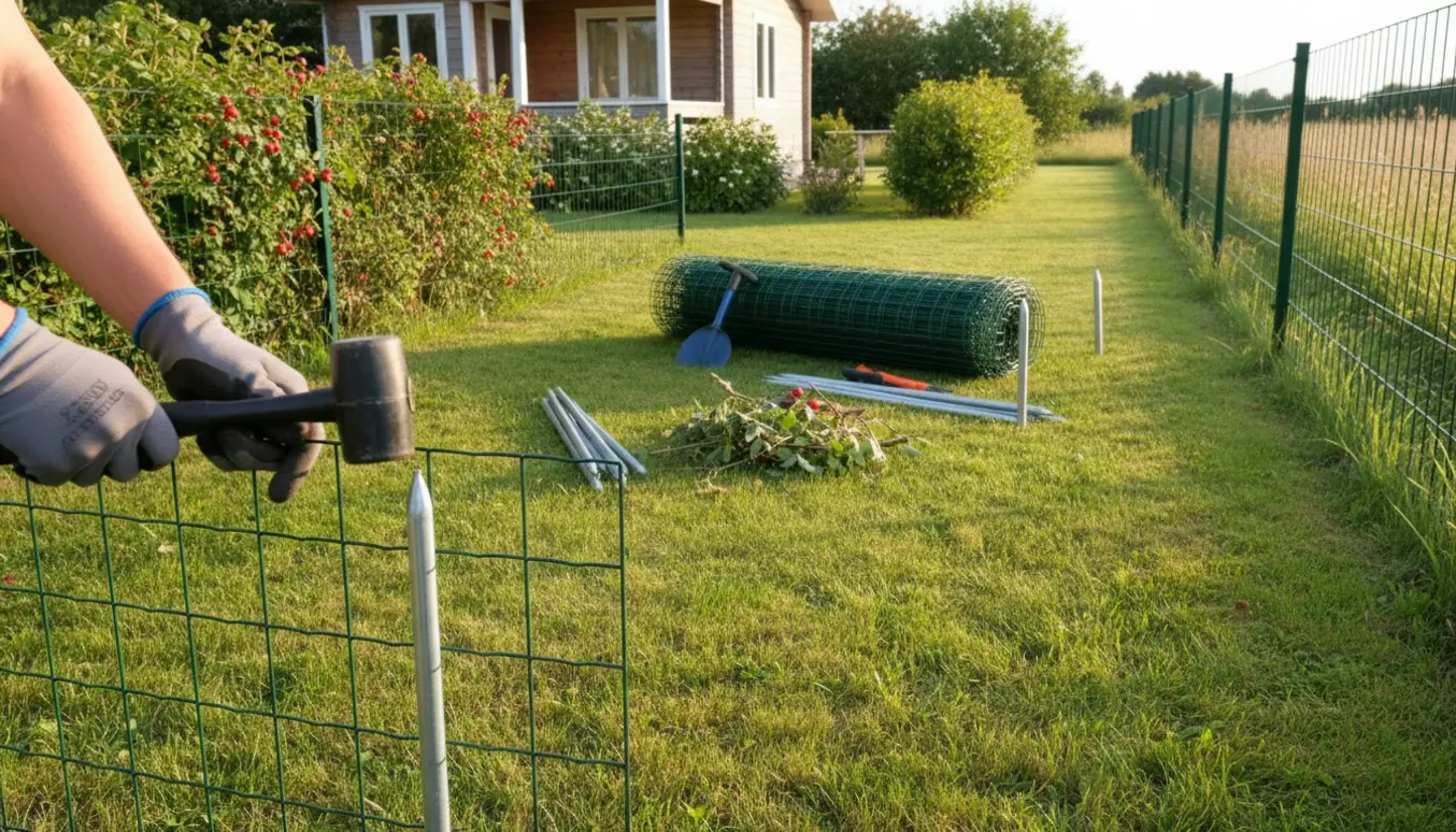 Glæved hænder monterer plastikbelagt hegn i en plan sommerhushave ved en hybenrosehæk og et åbent område.