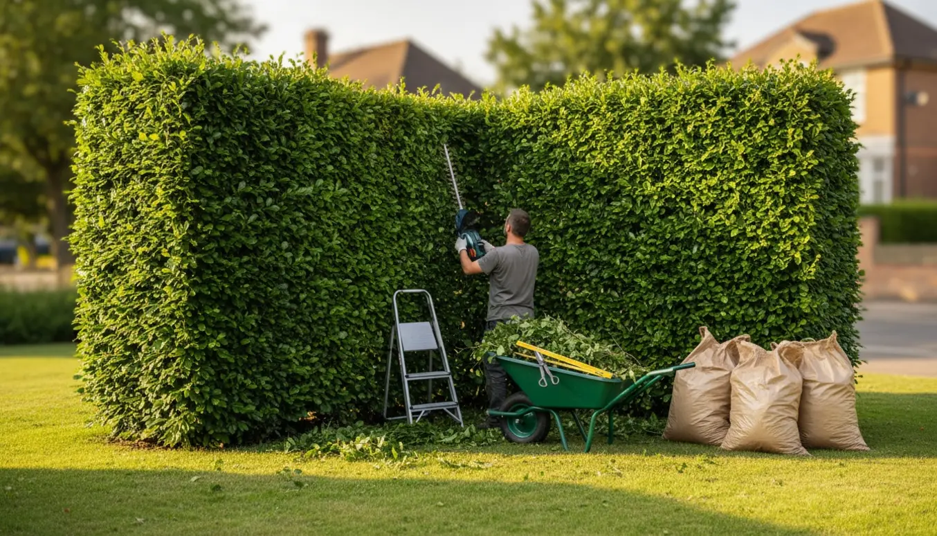 En person trimmer en bøgehæk på en hjørnegrund med hækkeklipper og trillebør med afklip klar til afhentning.
