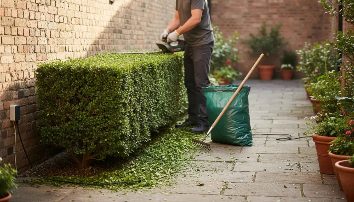 Person trimmer en skulderhøj hæk i en lukket gårdhave med el-hækkeklipper og opsamlede afklip.