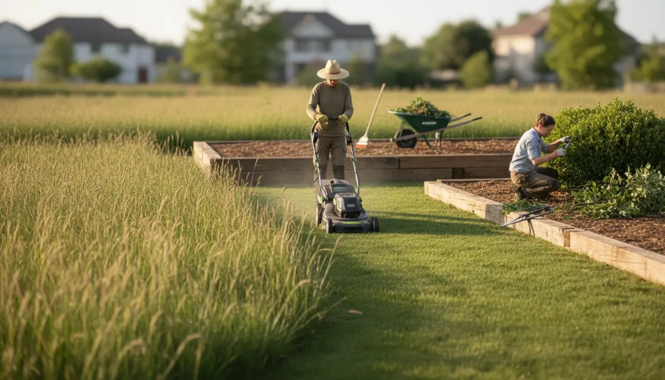 Høj græsplæne slås, buske beskæres let og to fliseterrasser renses for ukrudt.