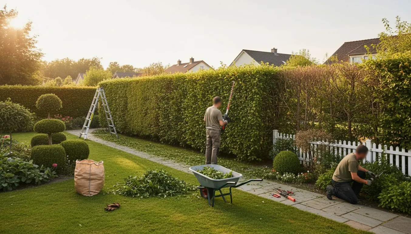 Person klipper sider og top af en lang hæk i en villahave med stige og haveværktøj i græsset.